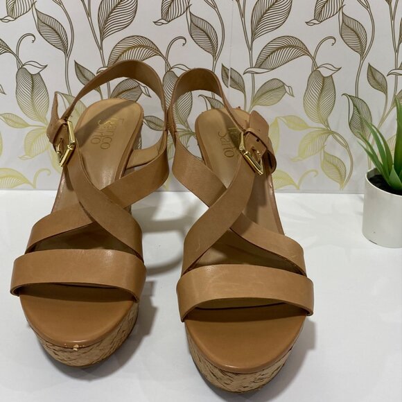 Franco Sarto Wedge Sandals With Straps & Cork Heel - Size 8 - Tan Leather Upper - Picture 2 of 12